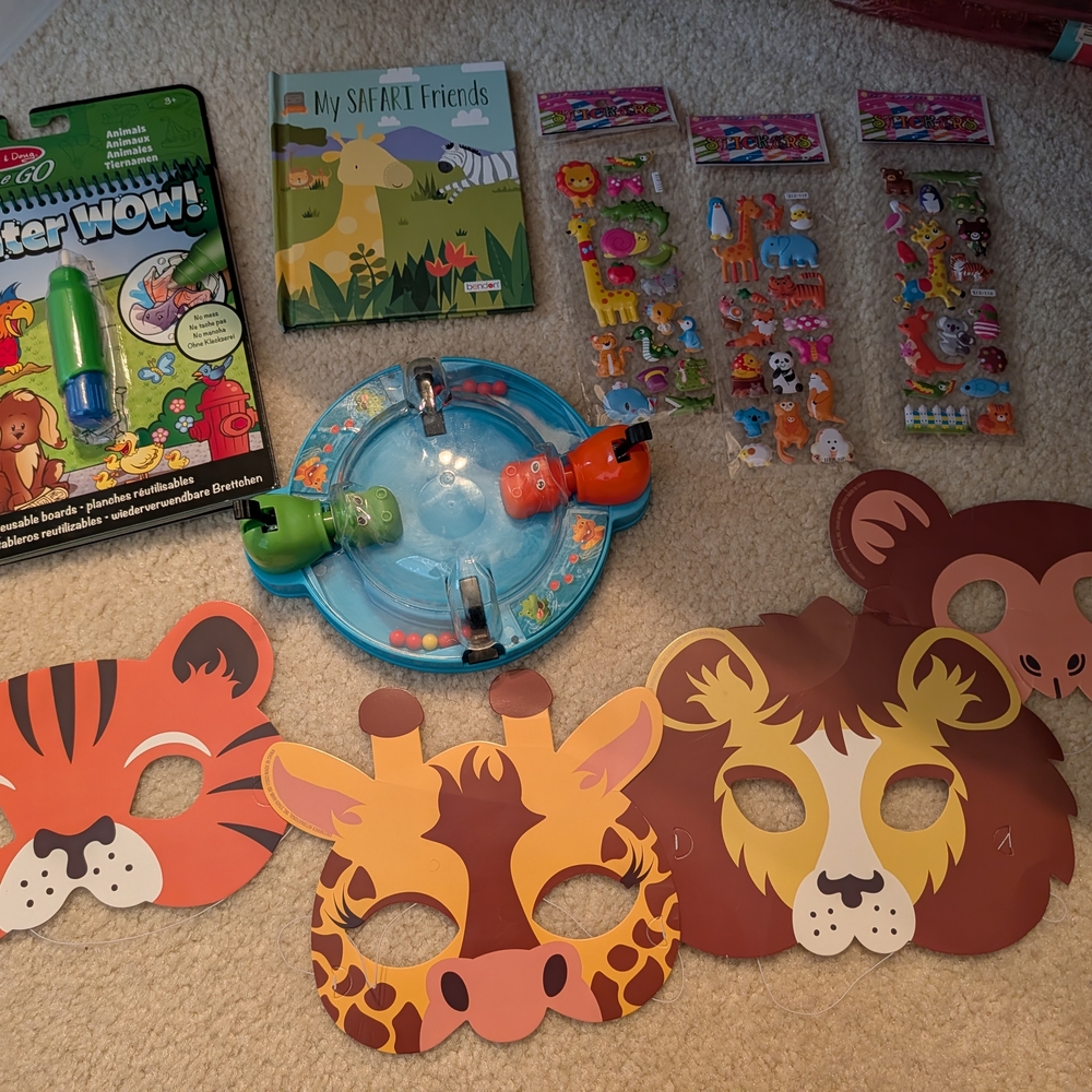 Animal Safari Activity Kids Gift Set Masks Coloring Stickers Hungry Hippos Game